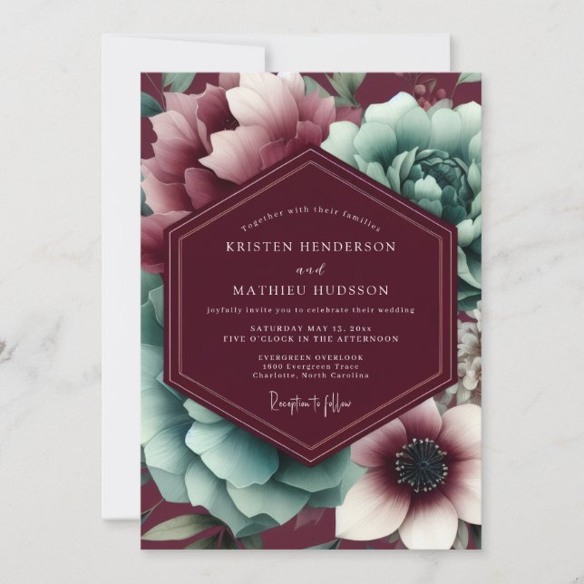 Convite Florescer Borgonha Temperamental Casamento (Frente)