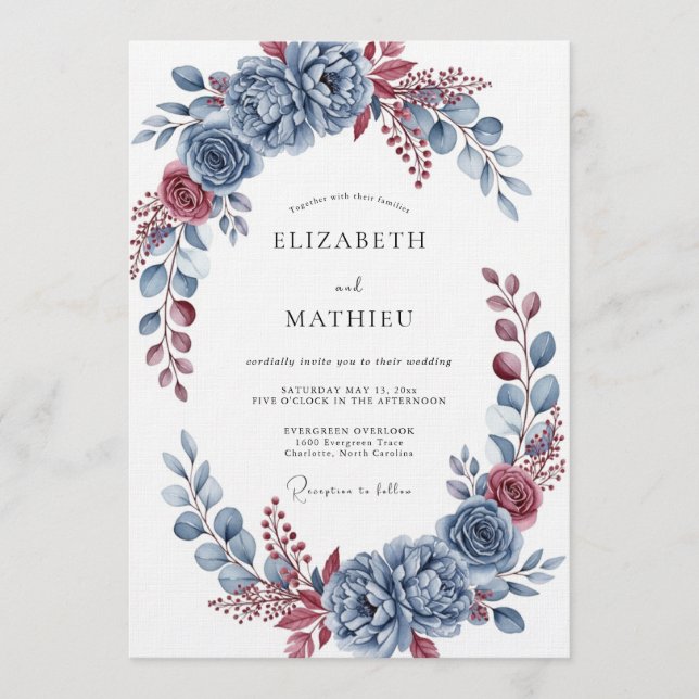 Convite Florescer Botânico Azul Ardesia Casamento (Frente)