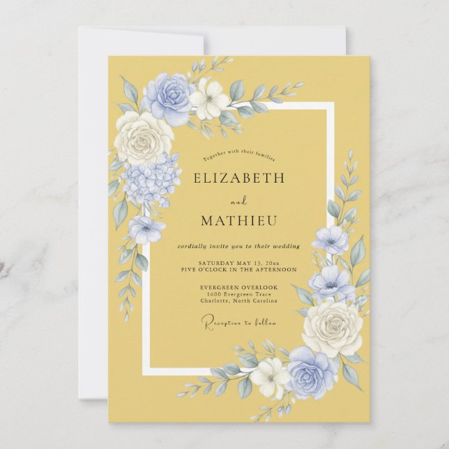 Convite Florescer Casamento Azul Amarelo (Frente)