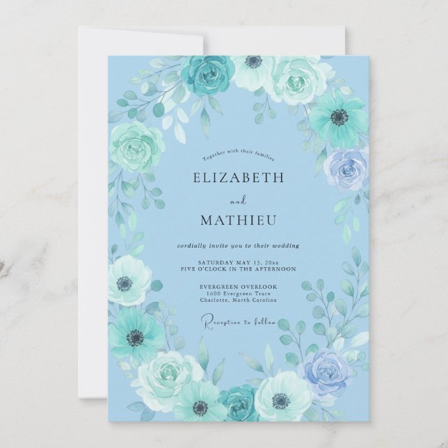 Convite Florescer Casamento Flor Azul Céu (Frente)