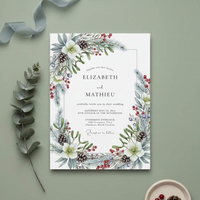 Convite Florescer de Pinheiro Branco de Inverno Casamento (Criador carregado)