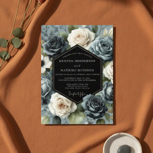 Convite Florescer de Rosa Azul Ardósia Casamento
