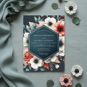 Convite Florescer Floral Azul Esverdeado Profundo Casament
