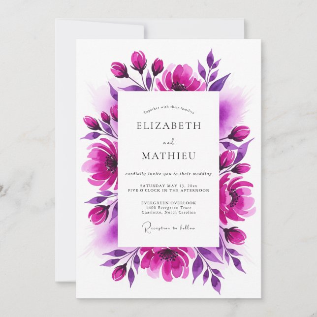 Convite Florescimento Artístico de Casamento Magenta (Frente)