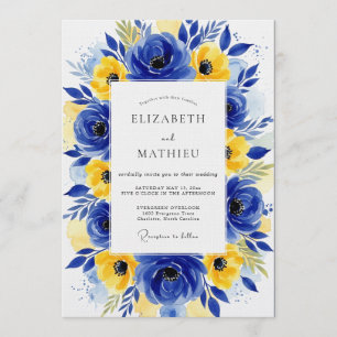 Convite Florescimento Floral Amarelo Cobalto Casamento