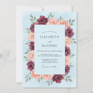 Convite Florescimento Floral de Coral Borgonha Casamento