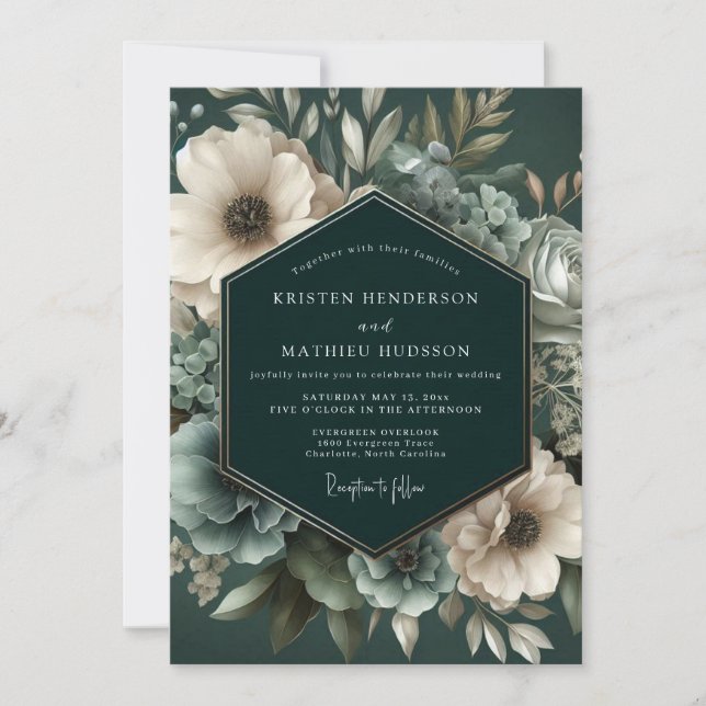 Convite Florescimento Floral Esmeralda Profunda Casamento (Frente)