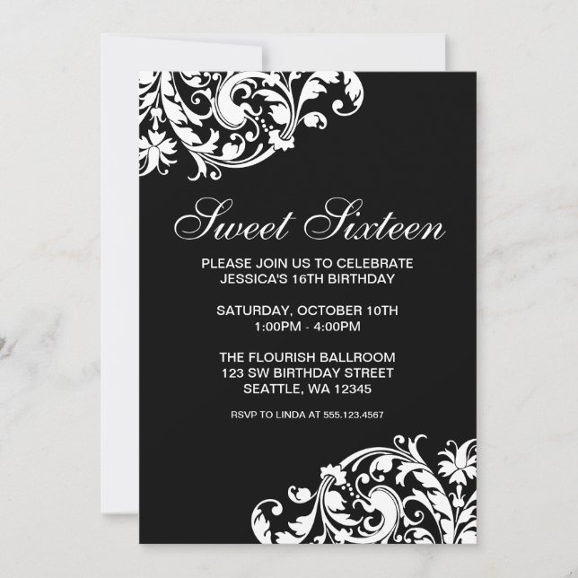 Convite Florescimento Preto e Branco Redemoinho Aniversári (Frente)