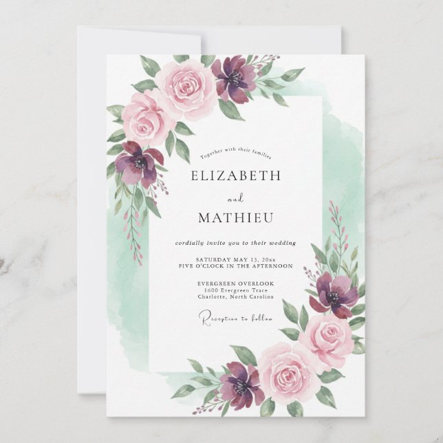 Convite Florescimento Romântico Casamento Flor de Malva (Frente)