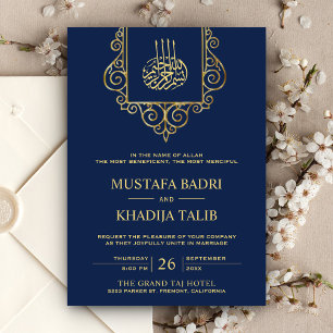Convite Florescimento Vintage Dourado Azul Casamento Islâm