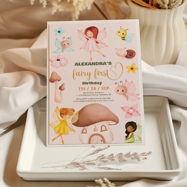 Convite Floresta Aquarela Greenerescência Fada Primeiro An (Criador carregado)