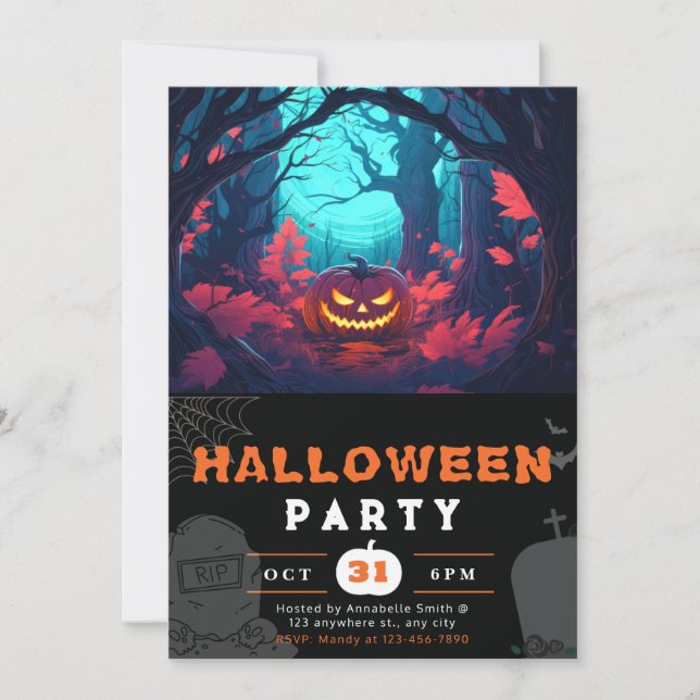 Convite Floresta Assustadora e Abóboras de Halloween Preto (Frente)