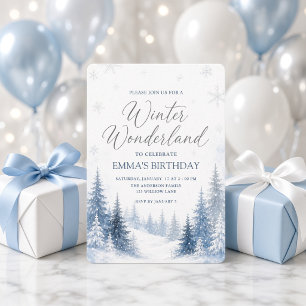 Convite Floresta de Aquarela Azul Aniversário de Inverno E