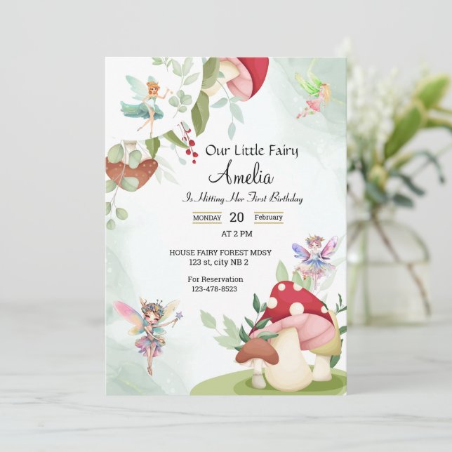 Convite floresta de aquarela de fada de aniversário de cog (Em pé/Frente)