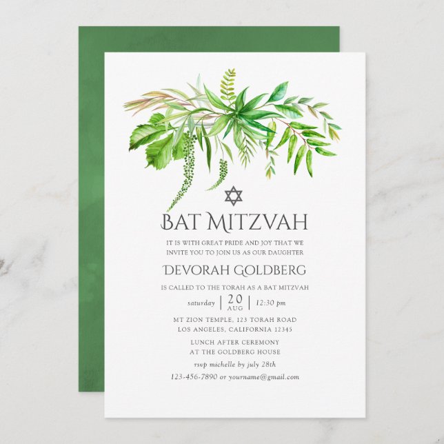Convite Floresta de Aquarela Greenery Bat Mitzvah (Frente/Verso)