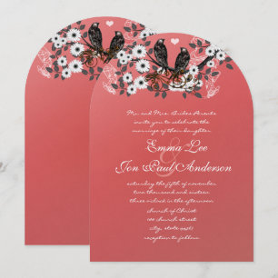 Convite Floresta de Coral Vintage Pássaros de Amor Românti