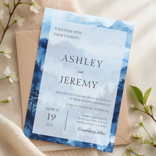 Convite Floresta de Destino de Montanha Russa Azul (Blue Rustic Mountain Wedding Destination Forest Invitation)