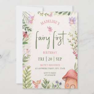 Convite Floresta de Fadas Aquarela Menina de 1º Aniversári