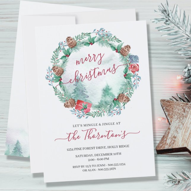 Convite Floresta de inverno simples e Pine Wreath Watercol (Criador carregado)