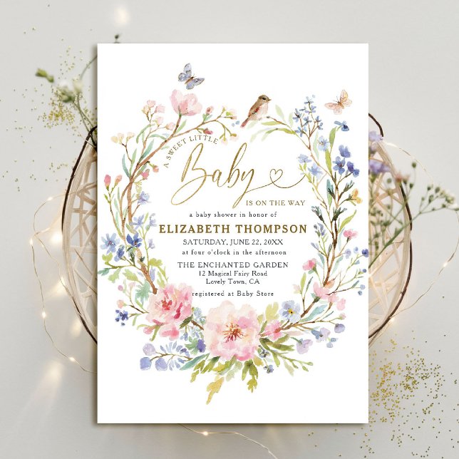 Convite Floresta de Jardim de Flores Selvagens Chá de fral (sweet little baby shower invitation fairy enchanted garden woodland forest spring summer wildflowers)