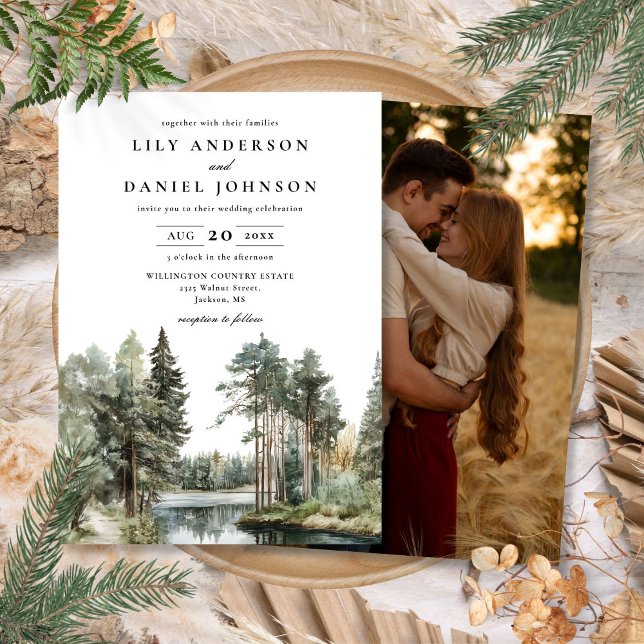 Convite Floresta De Lago De Aquarela Foto Casamento (Watercolor Lake Forest Woodland Photo Wedding Invitation)