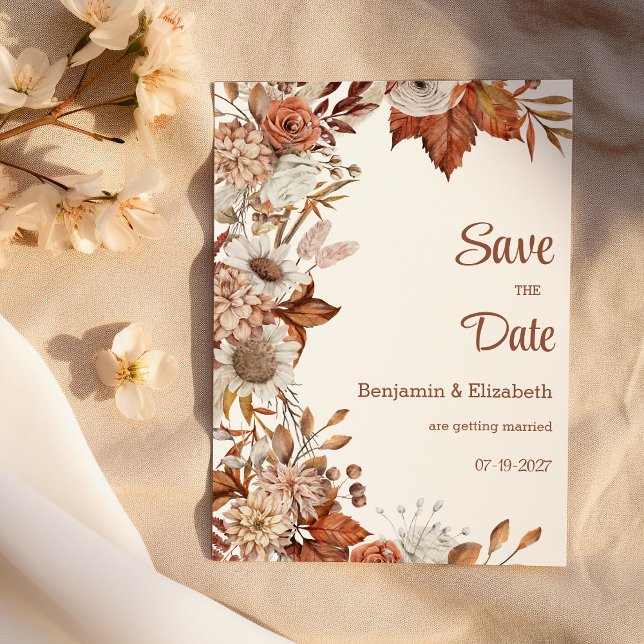 Convite Floresta de laranja branco castanho caída russa Sa (Brown white orange fall flora rustic Save the Date)
