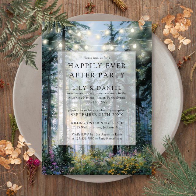 Convite Floresta de Luzes de Corda Casamento Felizes para  (Happily Ever After Forest String Lights Wedding Invitation)