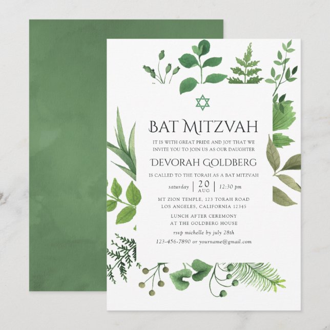 Convite Floresta de Madeira Verde Bat Mitzvah (Frente/Verso)