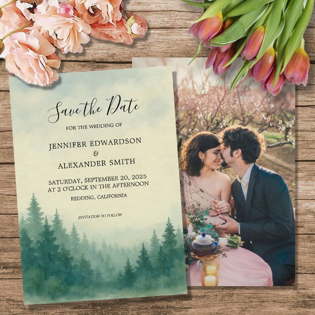 Convite Floresta de pinheiros com aquarela Salvar a foto d (Watercolor pine tree forest Save the Date photo Invitation. For your rustic wedding.)