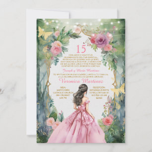 Convite Floresta de Vestido Princesa Rosa Espanhola 15 Año