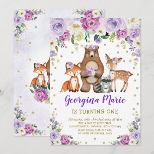 Convite Floresta Dourada Roxa Floresta Girly Floral Aniver