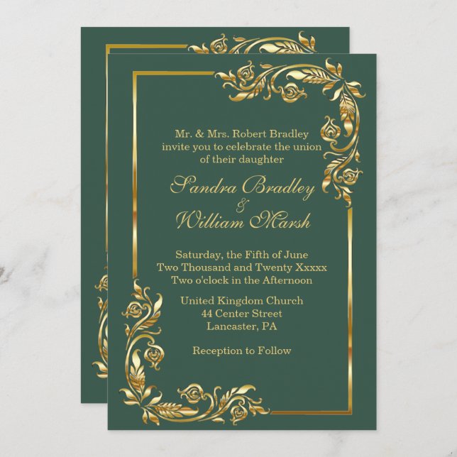 Convite Floresta Elegante de Moldura Dourada Verde com Imp (Frente/Verso)