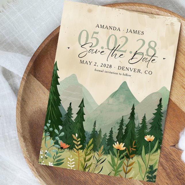 Convite Floresta Elegante e Montanha Guardam a Data (Elegant woodland-themed wedding save the date card featuring pine trees and mountains )