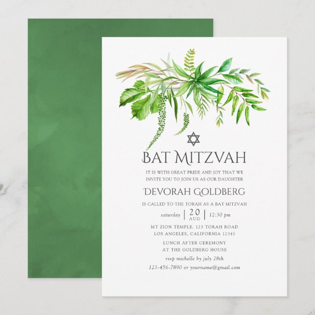 Convite Floresta em Aquarela Bat Mitzvah (Frente/Verso)