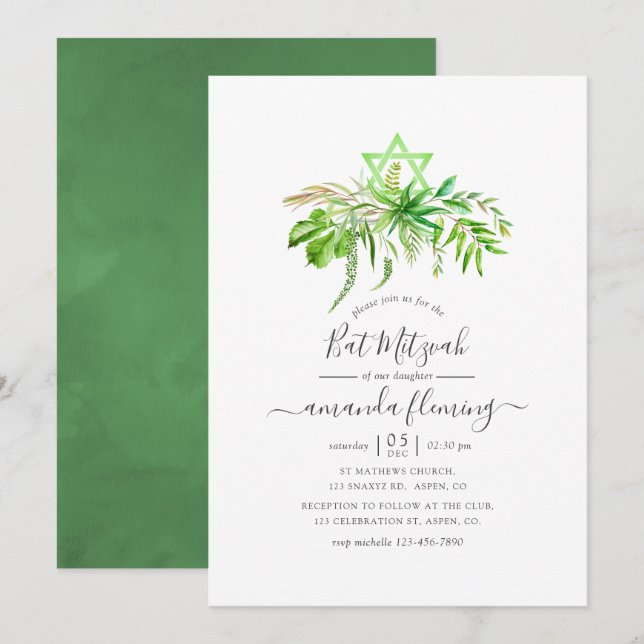Convite Floresta em Aquarela Bat Mitzvah (Frente/Verso)