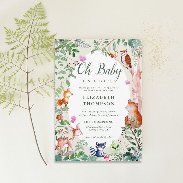 Convite Floresta Encantada Animais de Floresta Chá de fral (woodland baby shower invitation enchanted forest bear fox deer magical woods fairy tale story)