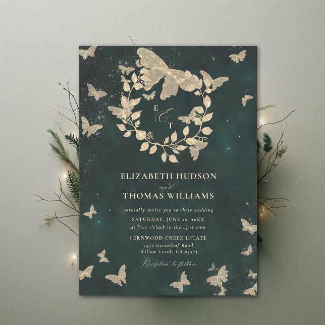 Convite Floresta Encantada Borboletas Emerald Green Casame (Enchanted Forest Emerald Green Greenery Crest Butterflies Gold Modern Calligraphy Wedding Invitation)