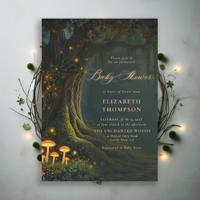 Convite Floresta Encantada Cogumelo Glow Madeira Chá de Be (enchanted forest baby shower theme invitation magical fairy tale mushrooms woods moody)