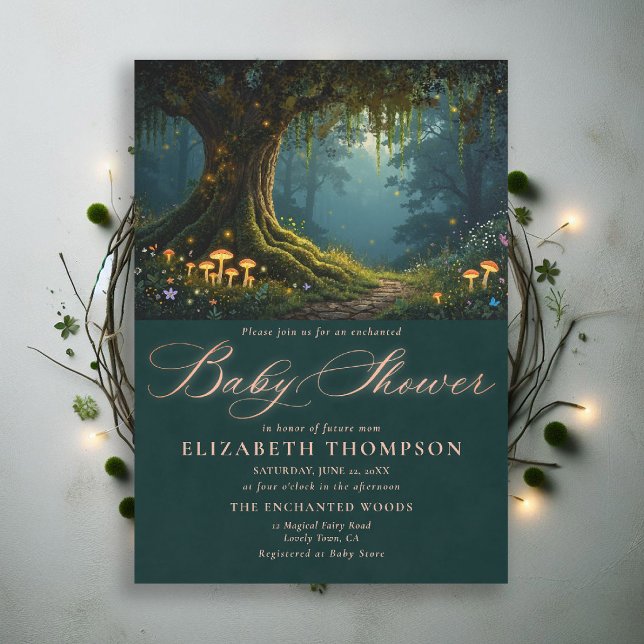 Convite Floresta Encantada Cogumelos Caminho da Floresta C (enchanted forest baby shower theme invitation magical fairy tale mushrooms woodland wildflower)