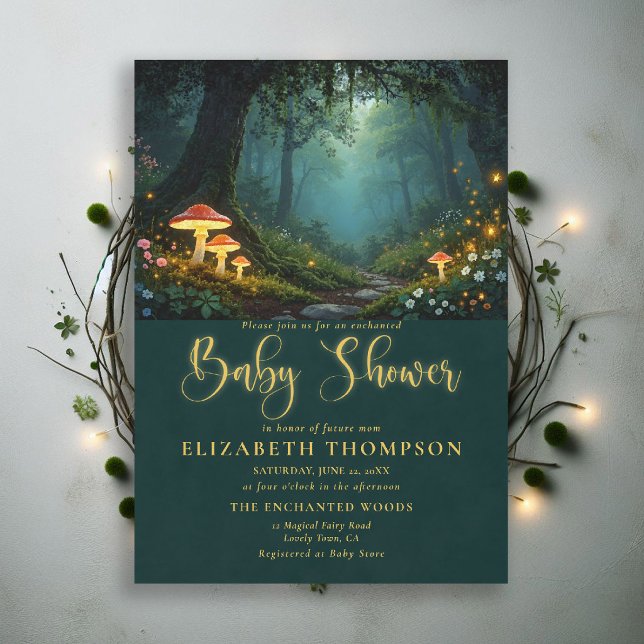 Convite Floresta Encantada Cogumelos Flores Silvestres Chá (enchanted forest baby shower theme invite magical fairy tale mushrooms woodland wildflowers glow)