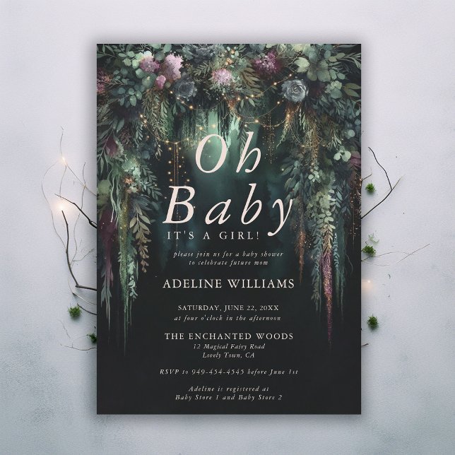 Convite Floresta Encantada Conto de Fadas Chã de Bebê Flor (enchanted forest baby shower emerald green mauve purple arch woodland fairy tale faerie magic invite)