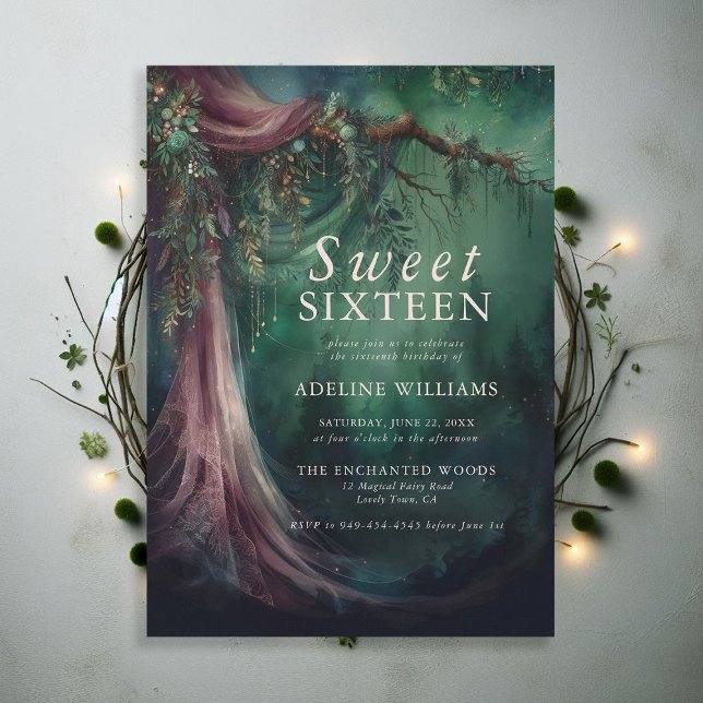 Convite Floresta Encantada, Emerald Mauve Fairytale Sweet  (enchanted forest sweet 16 emerald green mauve purple veil woodland fairy tale faerie magic invite)