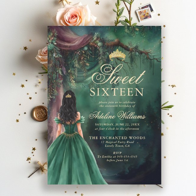 Convite Floresta Encantada Esmeralda Dourado Conto de Fada (enchanted forest sweet 16 sixteen invitation emerald green gold fairytale fairy tale princess script)