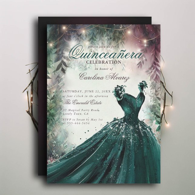 Convite Floresta Encantada Fada Princesa Mauceanera (enchanted forest quinceanera princess dress invitation emerald green mauve calligraphy)