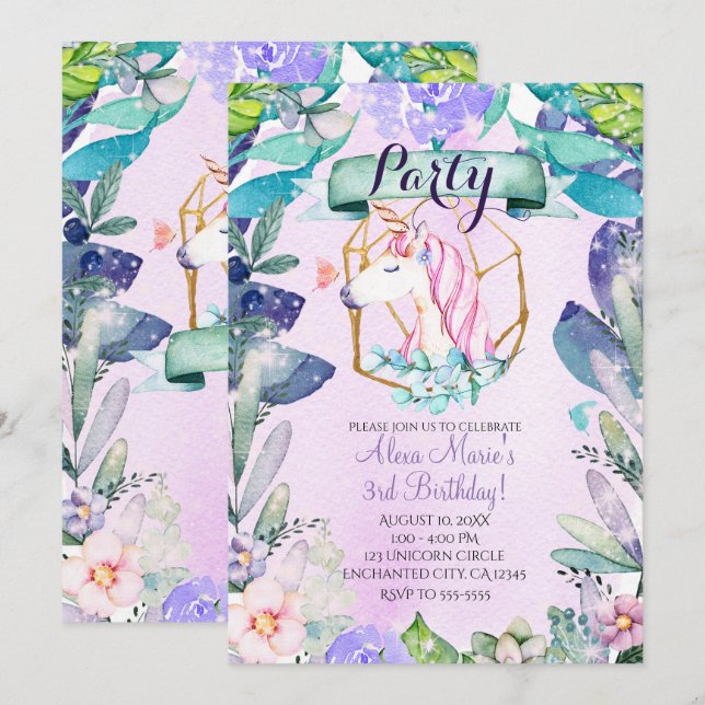 Convite Floresta Encantada Fantasia Magia Festa do Unicórn (Frente/Verso)