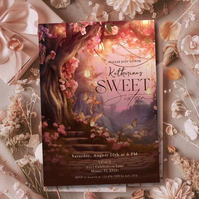 Convite Floresta Encantada Fantasy Woodland Sweet 16 (Enchanted Forest Glow Fantasy Woodland Sweet 16 Invitation)