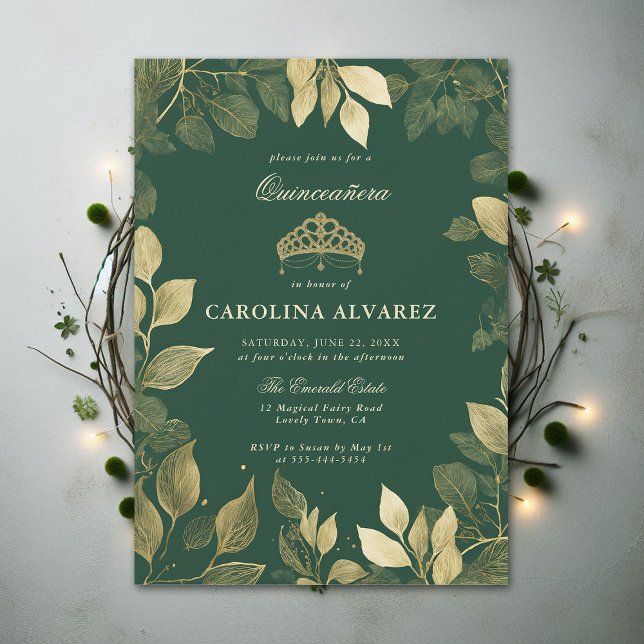 Convite Floresta Encantada Faux Foliage Dourada Quinceaner (enchanted forest quinceanera green invitation faux gold foliage elegant modern chic theme)