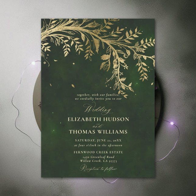 Convite Floresta Encantada Galho Dourado Caçador Verde Cas (Enchanted Forest Hunter Green Draped Greenery Gold Branch Modern Calligraphy Wedding Invitation)
