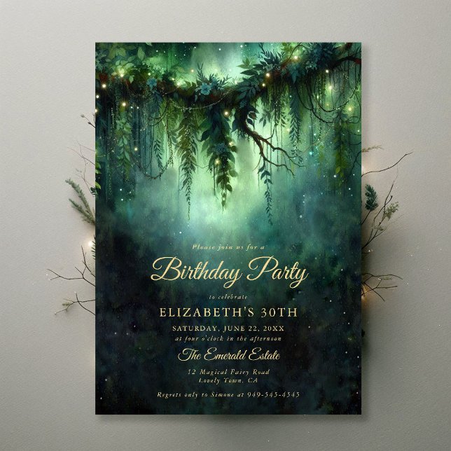 Convite Floresta Encantada, Moody Dark Green Emerald Birth (enchanted forest birthday party invitation emerald green woodland fairy magical garden storybook)