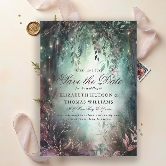 Convite Floresta Encantada Vinha Vinha Casamento Salvar Da (enchanted forest save the date wedding emerald green gold pink fairytale fairy greenery woodland)
